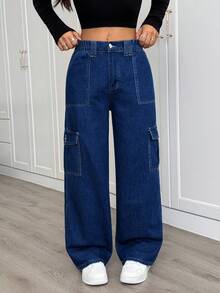 SHEIN PETITE Casual Washed Straight Leg Denim Jeans - Dark Wash - View 3