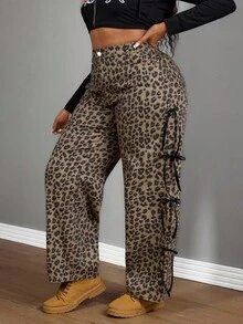 SHEIN Unity Winter Plus Size Women Straight Leg Jeans, Bow Decor Leopard Print Denim Pants, New Autumn/Winter Collection - Multicolor - View 6