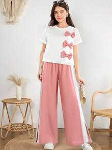 SHEIN Kids/Teens 2pcs Set - Loose Fit Crew Neck Pink Bow Splice White Casual Blouse + Casual Sports Pants - White - View 5