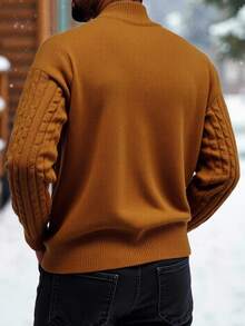 NEOSTRIT Sweater Kasual Rajut Kabel Ukuran Besar Pria, Model Seperempat Resleting, Musim Gugur/Musim Dingin, Lengan Panjang - Coklat - View 2