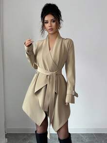 Elenzga 女式优雅卡其色不对称下摆长袖收腰风衣，百搭秋季外套 - 卡其色 - 查看 6