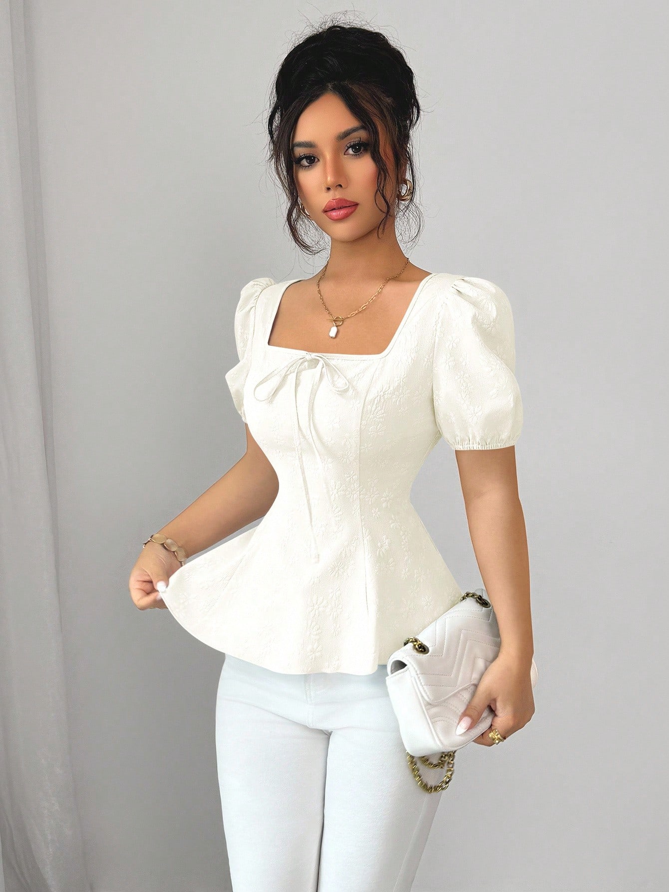 Elenzga بلوزة أنيقة للنساء من قماش جاكار ذو أكمام...