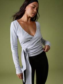 MISSGUIDED 棉质混纺灰色罗纹裹身长袖上衣（侧系带设计） - 灰色 - 查看 1