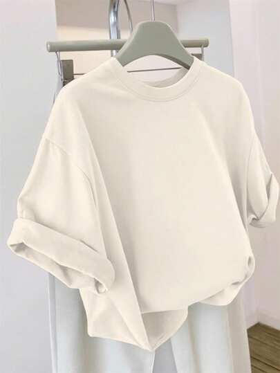 Plus Size Women Summer Solid Color Round Neck Short Sleeve T-Shirt