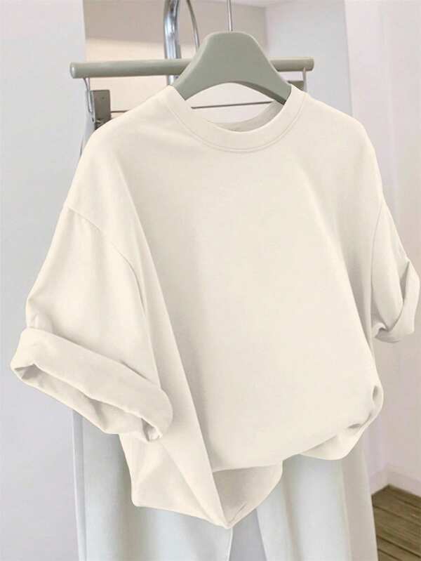 Plus Size Women Summer Solid Color Round Neck Short Sleeve T-Shirt