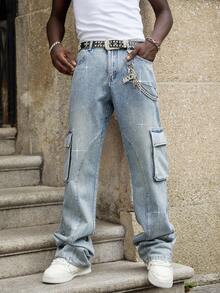 ROMWE MEN Street Life Herren Jeans mit funkelnden Diamant-Applikationen und mehreren Lagen - Blau - Übersicht 4