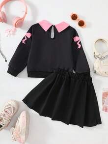 2pcs/Set Girls Vintage School Style Outfit,Light Pink Letter & Bow Print Knit Sweatshirt & Pleated Skirt,Autumn Back-To-School Career Day Sport Set - Black - View 2