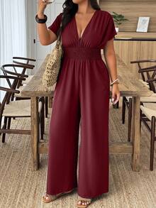 SHEIN PETITE CURVE 大码纯色束腰连体裤，休闲度假装 - 酒紅色 - 查看 5
