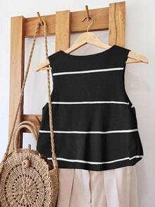 EMERY ROSE Áo len dệt kim không tay họa tiết sọc tối giản, rộng rãi dành cho nữ - màu đen - Xem 2