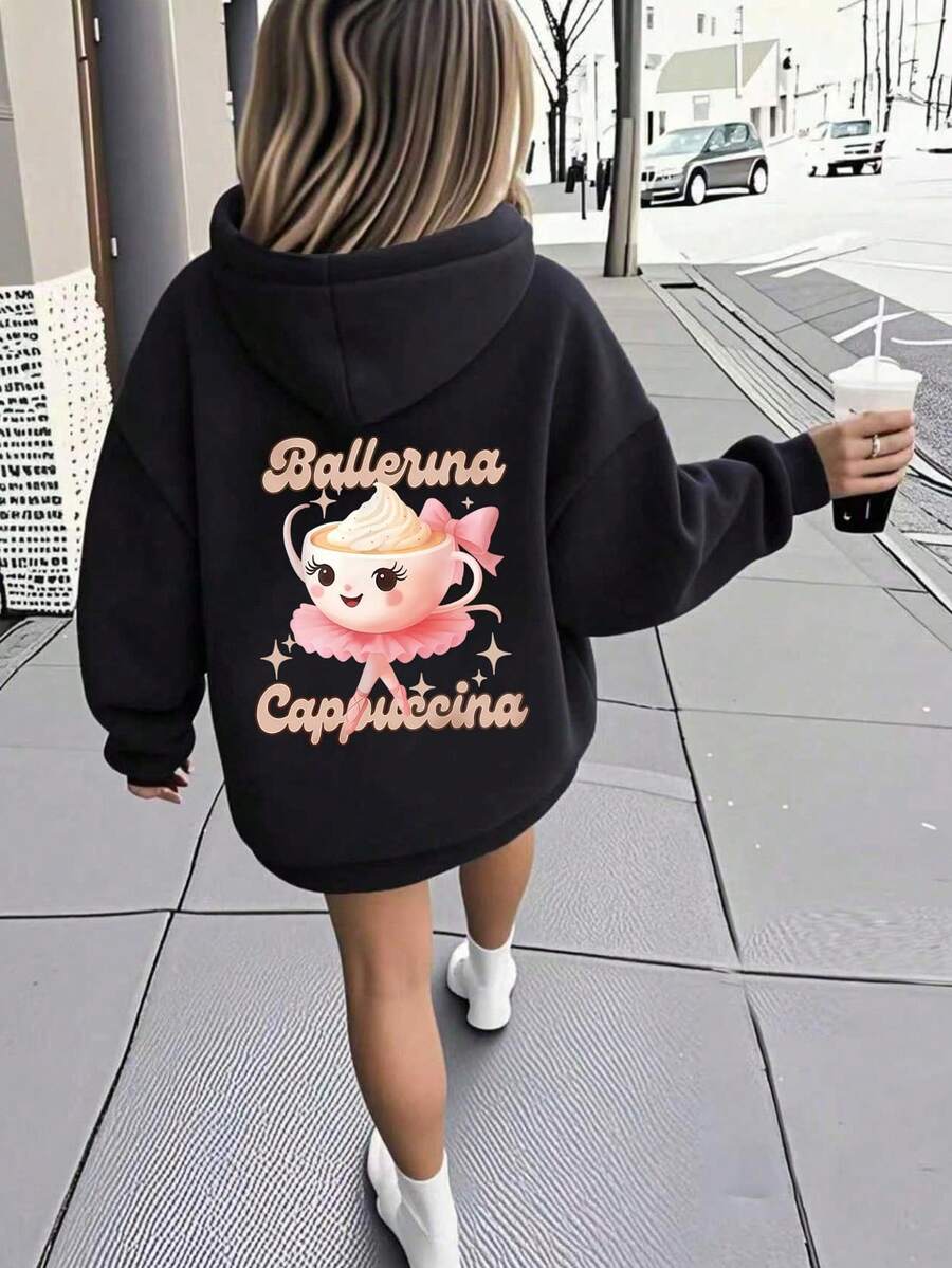 SHEIN Playful Pals 女童休闲时尚可爱趣味芭蕾舞者卡布奇诺图案印花卫衣,黑色,适合日常、户外、运动和上学穿着,秋冬季节。 - 黑色 - 查看 1