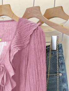 INAWLY French V-Neck Pleated Ruffle Tie Blouse - Pink - View 6