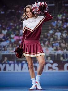 SHEIN Sports Women's Letter Striped Crew Neck Loose Fit Casual Sweater, Cheerleader Outfit - Red - View 4