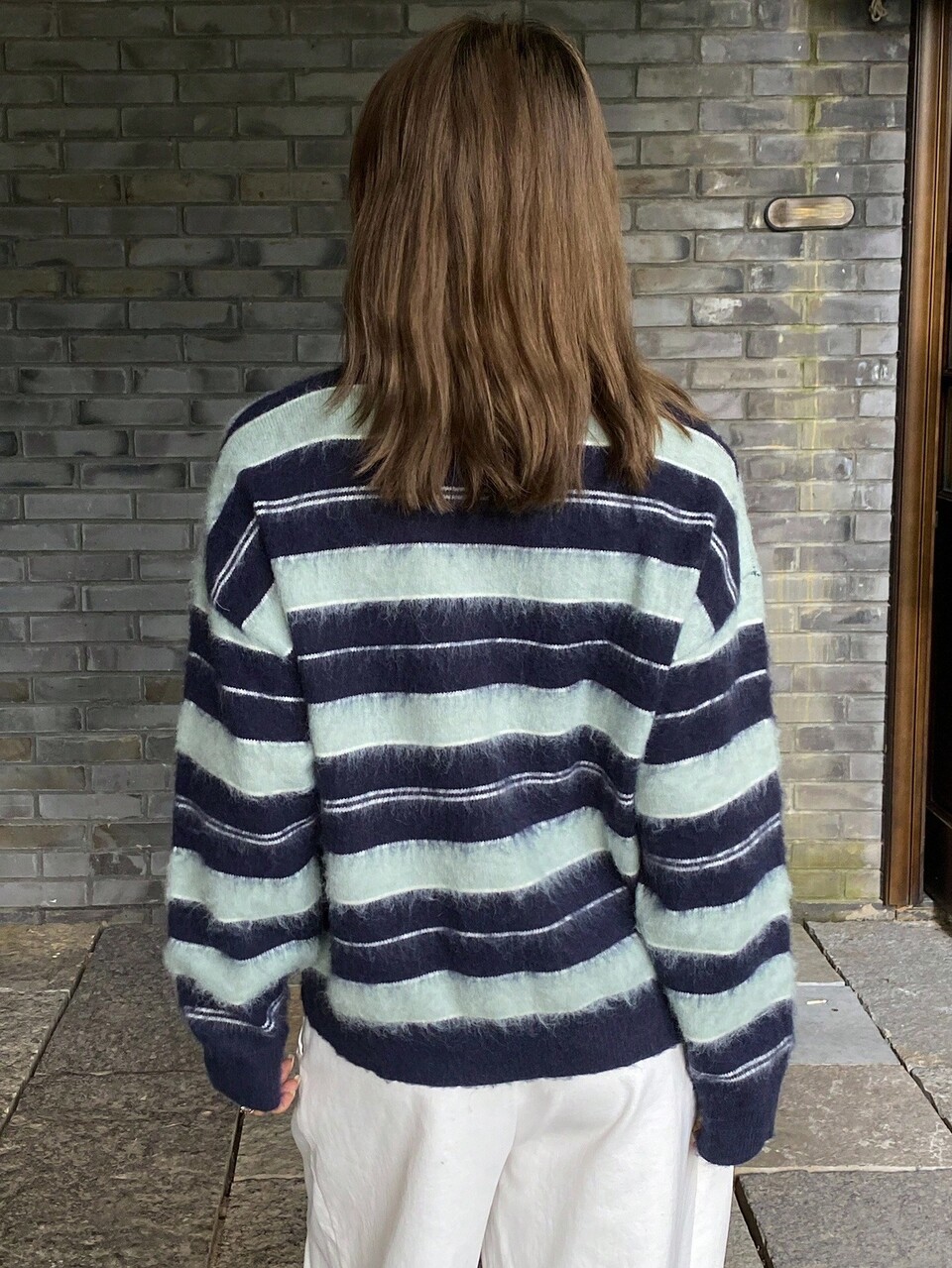 Contrast Stripe Fuzzy Loose Crew Neck Long Sleeve Casual Street Style Knit Sweater For Women, Autumn/Winter