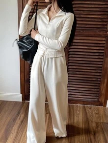 DAZY 女士翻领拉链修身外套和直筒裤两件套休闲套装，女士运动服套装，女士家居服套装 - 米色 - 查看 4