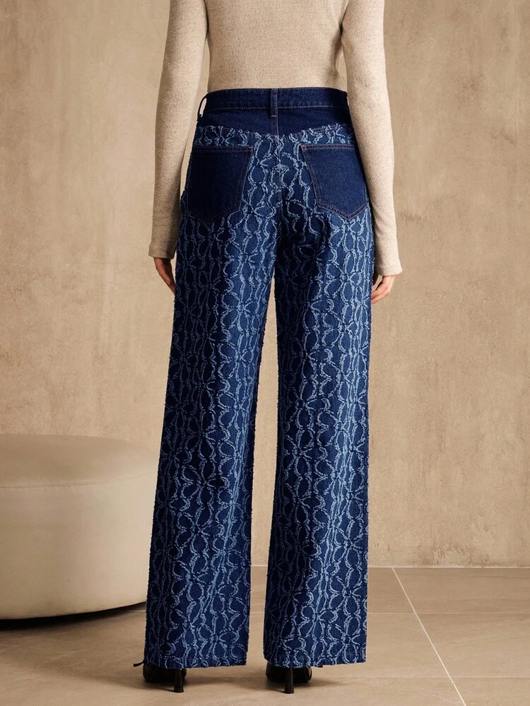 Women's New Jacquard Fabric Blue Denim Straight Leg Pants