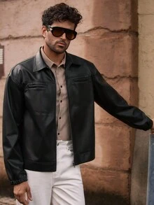 HIMLAND 男士休闲多口袋翻领PU皮长袖夹克，复古工装夹克，黑色拉链夹克，休闲日常穿着，秋冬季，颓废风 - 黑色 - 查看 7