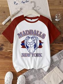 MADBALLS X SHEIN 女式休闲字母与人物图案撞色插肩袖 T 恤，夏季 - 白色 - 查看 1
