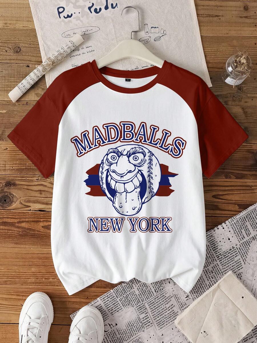 MADBALLS X SHEIN 女式休闲字母与人物图案撞色插肩袖 T 恤，夏季 - 白色 - 查看 1
