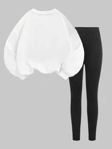 SHEIN Leap Crew Cute Mini Bow Print, Pink, Teen Girls Casual Long Sleeve Hoodie & Pants 2 Pieces Set, Suitable For Autumn/Winter Fall - Multicolor - View 2