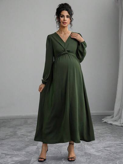 Momance Maternity Solid Color V-Neck Long Lantern Sleeve Twist Knot Midi Dress