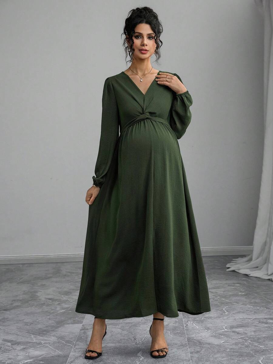 Momance Maternity Solid Color V-Neck Long Lantern Sleeve Twist Knot Midi Dress Spring Photoshoot Maternity Fall - Army Green - View 1