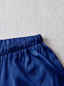 SHEIN LUNE 女士休闲亮面缎面低腰阔腿裤，适合简约休闲和通勤穿搭，春夏缎面裤，女士蓝色休闲裤 - 藍色 - 查看 4