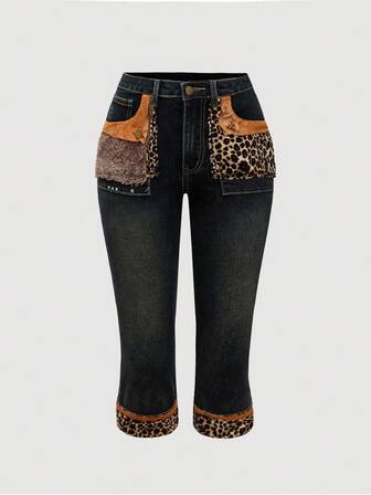PETITE Y2K Vintage Leoparden-Fake-Fell Patchwork Denim Caprihose mit tiefer Taille