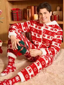 CoupledUp Coupled Up Thick Christmas Print Fuzzy Hooded Long Sleeve & Pants Jumpsuit Sleepwear For Men, Autumn/Winter, Fall Winter Christmas Fluffy Couple Fluffy Christmas