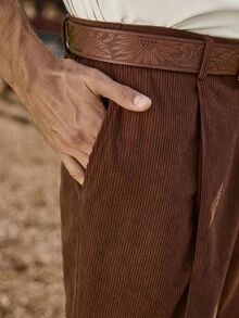 Manfinity Nomadique Men's Solid Color Pleated Straight Loose Casual Western Corduroy Wide Leg Pants, Outdoor Music Festival, Nightclub Bar, Boyfriend/Husband Gift, Anniversary Gift, Fall Winter - Brown - View 4