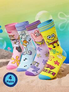 SpongeBob SquarePants | SHEIN 4 双可爱卡通女士柔软透气吸湿排汗中筒袜时尚休闲中筒袜加固脚趾和脚跟耐用四季百搭夏季冬季，Patrick，Squidward，Sandy - 彩色 - 查看 2