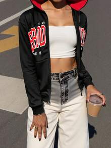 SHEIN Unity Letter Graphic Drop Shoulder Zip Up Hoodie Graduation,Back To School,Graduation,Teacher For Women,Back To School Fall Sweatshirt - Black - View 1