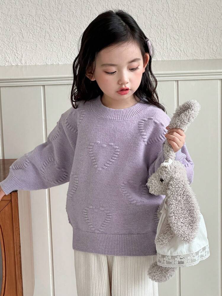 Young Girl Heart Decor Round Neck Dropped Shoulder Long Sleeve Casual Loose Knit Sweater, Autumn/Winter