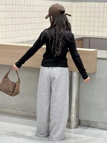 DAZY 2 件套青少年女孩圆领针织蝴蝶结印花 T 恤 + 裤子套装，秋季 - 黑色 - 查看 6