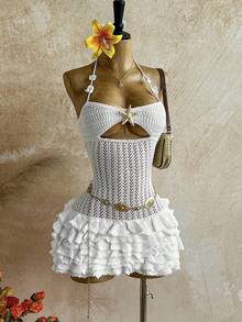 Soleia New Knitted Halter Neck Tie Strap Multi-Layer Ruffle Hem Mini Dress, Suitable For Party, Date, Valentine's Day, Easter, Carnival, Afternoon Tea, Beach, Cruise, City Vacation, Autumn/Winter Layering,Party - Beige - View 6