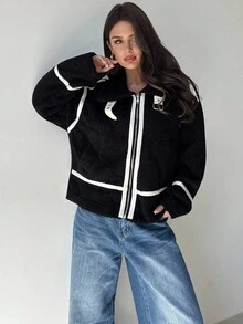 Firerie Abrigo elegante de manga larga con falso pelo y contraste de color para mujer