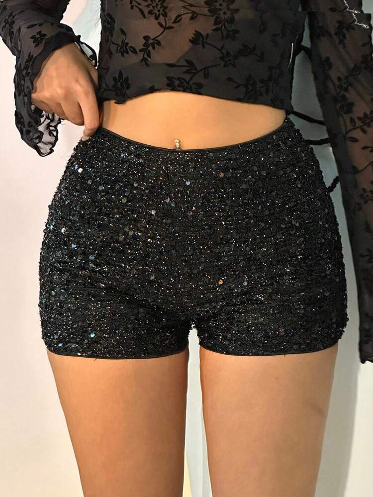 SHEIN EZwear ウィメンズ グリッター ブラックニット エレガントフィットパーティーショーツ - ブラック - 見る 6