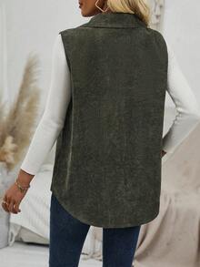 Selianne Flap Detail Button Front Corduroy Vest Coat - Army Green - View 2