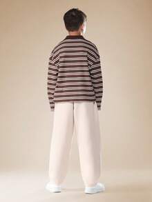 SUMWON Textured Striped Polo Co-Ord Set With Chino Pants Autumn Winter Casual Tween Outfit Daily Wear Two Piece Set Preppy Style Casual Smart Outfit Holiday Wear - Brown - View 2
