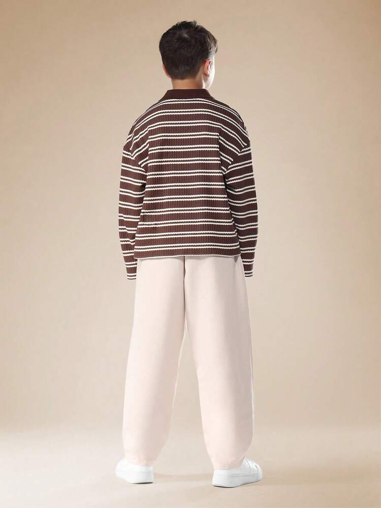 Textured Brown Striped Polo With Wide Leg Chinos