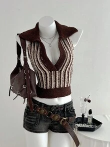 Flirla Pull tricoté à col contrasté décontracté pour femmes, automne/hiver - Multicolore - Voir 4