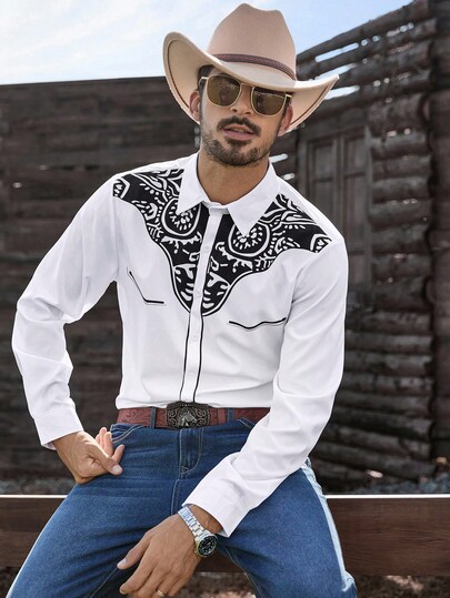 Manfinity Nomadique Casual Retro Minimalist Long Sleeve Slim Fit Button-Up Shirt For Men Rodeo Shirt For Men Western Shirts For Men, Fall