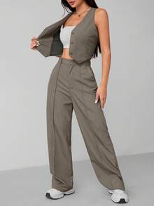 SHEIN PETITE 女士单排扣背心和裤子正式商务套装，夏季秋冬 - 摩卡棕 - 查看 5