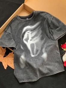 SHEIN EZwear 女士夏季黑色针织酸洗鬼脸印花T恤 - 黑色 - 查看 1