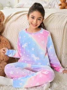 SHEIN Tween 女孩秋冬毛绒珊瑚绒睡衣套装，可爱卡通独角兽，星星和扎染印花，反光印花，柔软舒适，舒适法兰绒家居服，两件套睡衣套装 - 彩色 - 查看 5