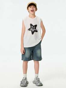 SHEIN 2件套 青少年男童休闲街头字母星星印花上衣配牛仔短裤 - 白色 - 查看 1