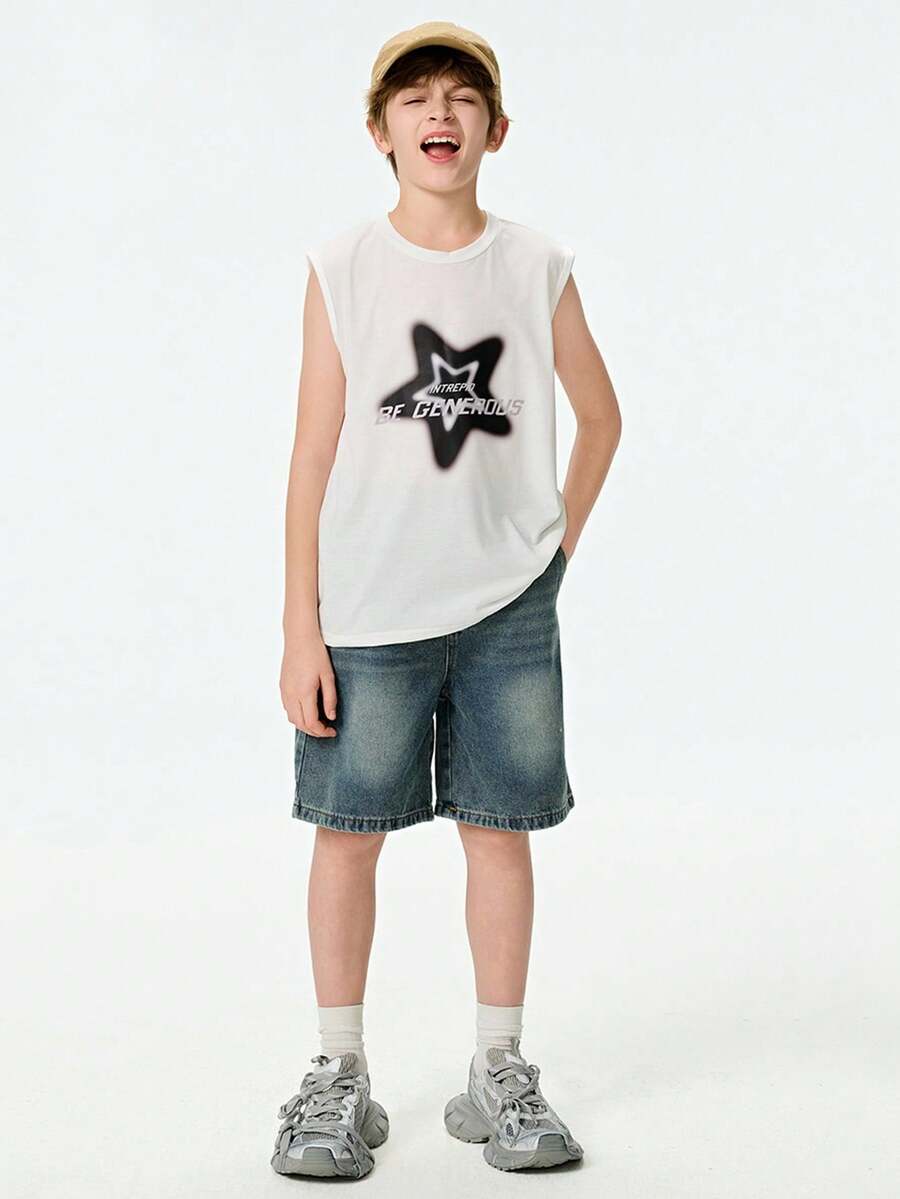 SHEIN 2件套 青少年男童休闲街头字母星星印花上衣配牛仔短裤 - 白色 - 查看 1