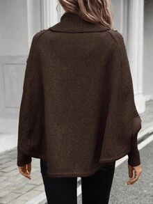 SHEIN LUNE Áo len Poncho cổ lọ tay cánh dơi cài nút trang trí viền bất đối xứng cho nữ, Áo len dệt kim màu nâu thu đông Áo len màu nâu Áo len Poncho màu nâu Áo len cổ lọ màu nâu cho nữ Áo len cài nút màu nâu - Cà phê nâu - Xem 2