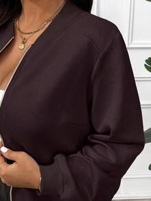 Easura Casual Plus Size Brown Bomber Jacket For Women Plain Woven Fabric Long Sleeve Baseball Collar Zipper Detail Regular Length Brown Jacket Women Crop Jacket - Brown - View 8