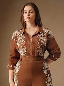 Anewsta 女士优雅高品质刺绣花卉贝壳装饰正式长袖衬衫 - 棕色 - 查看 5