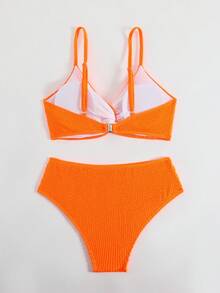 SHEIN Swim 女士紋理轉角前扭結無鋼圈泳衣套裝，適用於夏季海灘 - 橘色 - 查看 4